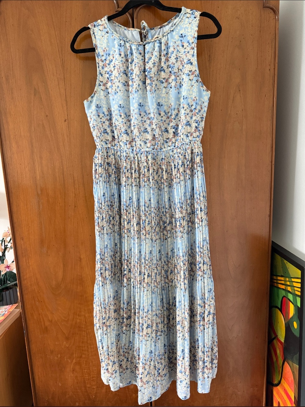 Maison Jules Light Blue Floral Pleated Midi Dress